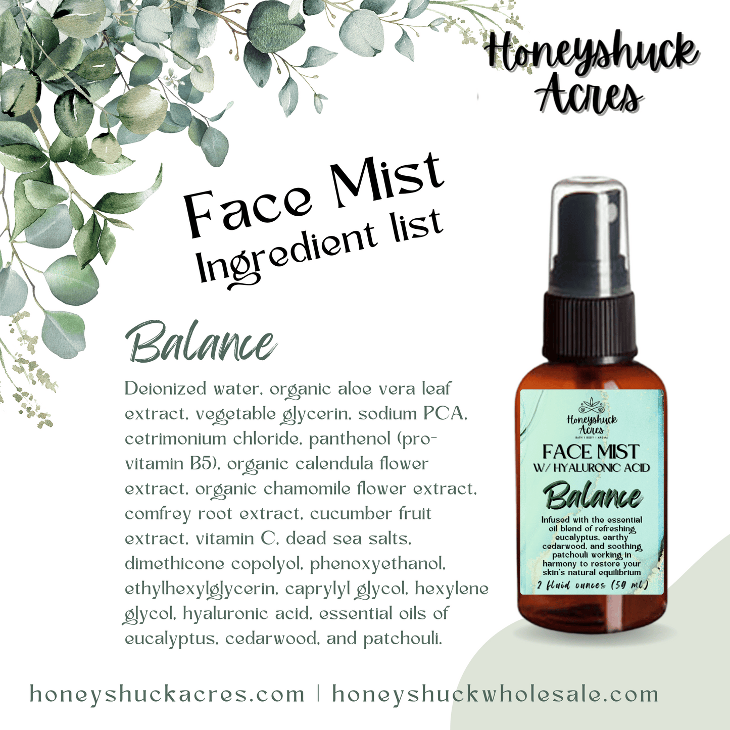 Face Mist | Balance | Essential Oils + Hyaluronic Acid | 2 fluid ounces